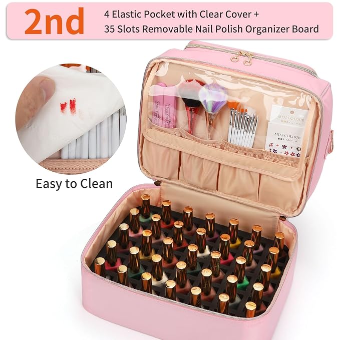 Nail Polish Organizer Case, Nail Supplies Storage Box Holds Nail Polish Bottles & Nail Lamp, Travel Nail Tech Carrying Case, Nail Kit Bag For Nail Stuff & Manicure Tools (Pink, 45 Slots)
