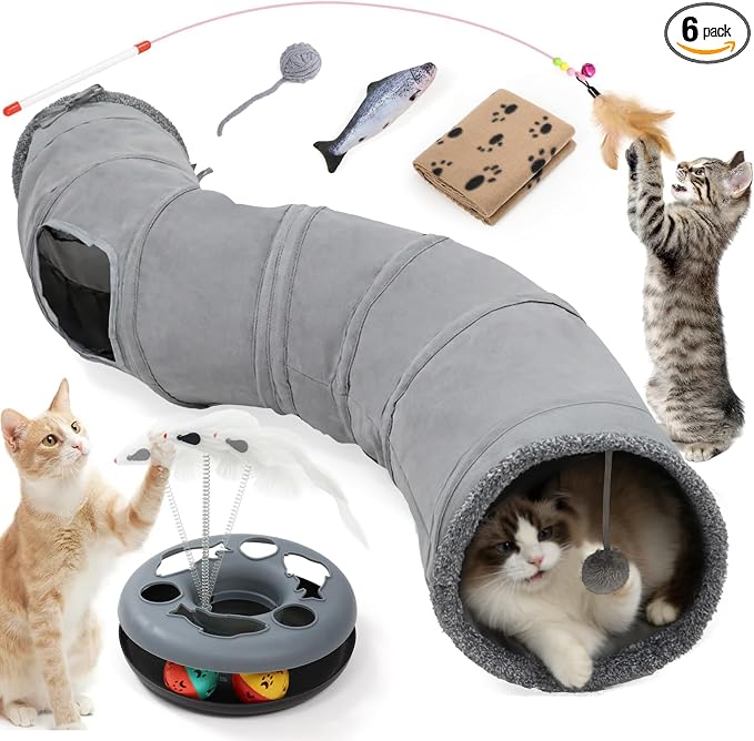 XIAPIA Cat Tunnel for Indoor Cats, 6-in-1 Collapsible Crinkle Play Tunnel with Interactive Roller Track Ball, Cat Enrichment Toys for Kittens Rabbits, Exercise Hide & Seek Tube for Indoor Outdoor Play