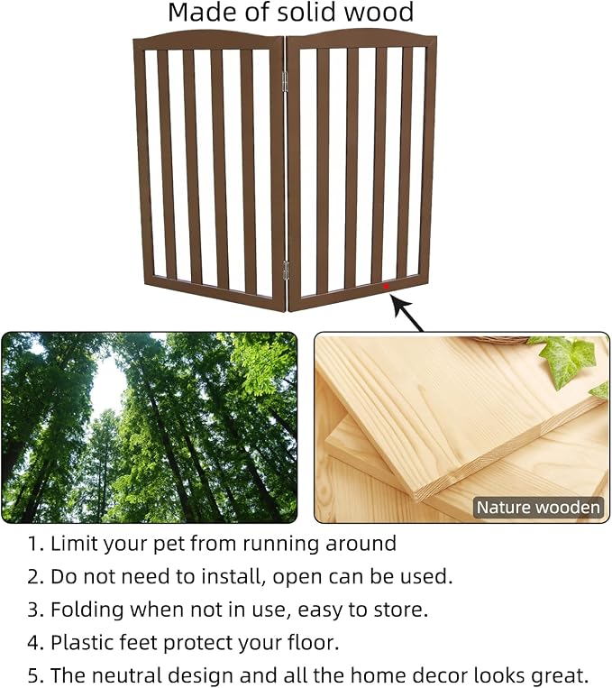 Freestanding Dog Gate Indoor,Doggie Gate Foldable Pet Gates for Doorways,Stairs or Hallways, Wooden Brown Pet Gate for the House, Pet Fence,32 "Height-2 Panels