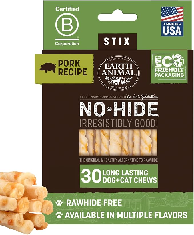 Earth Animal No Hide Stix - Long Lasting Rawhide Free Small Dog Chews Sticks, Pork - 30 Count