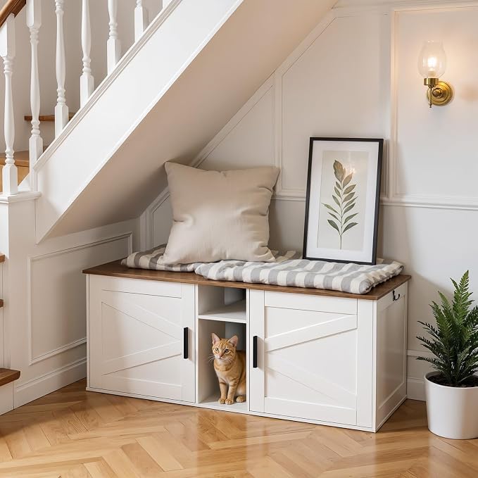 HOOBRO Double Litter Box Enclosure, Modern Cat Litter Box Furniture with Storage and Mat Design, Farmhouse Hidden Litter Box Enclosure with 2 Hooks, White and Walnut WH23MW01