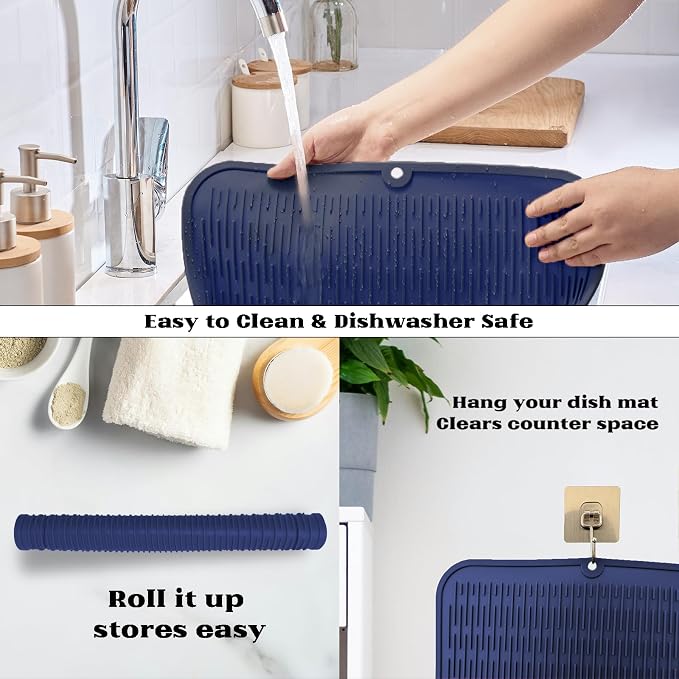 ZLR Heavy-Duty Silicone Dish Drying Mat (16" x 18" / 401 x 455mm) - XL Family-Size Thick 4mm Drainboard for Pots, Pans & Heavy Cookware - Oversized Trivet & Counter Protector, Non-Slip (Midnight Blue)