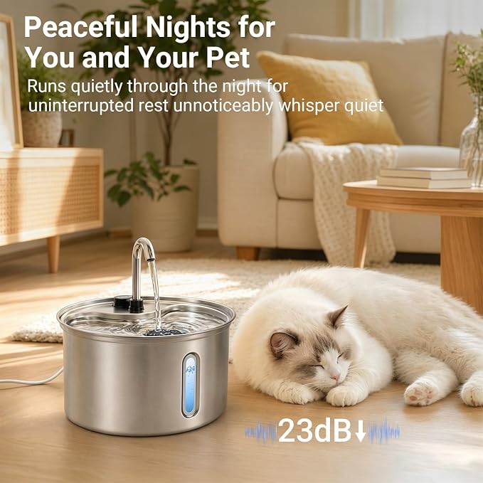 304 Stainless Steel Cat Water Fountain, 118oz/3.5L Cat Fountain with Ultra-Quiet Pump, Water Level Window, Smart Pump Protection, Automatic Cat Water Dispenser Includes 4 Replacement Filters