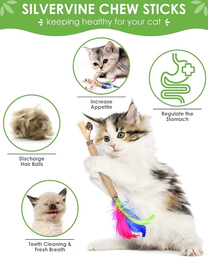 TINDTOP Silvervine Sticks for Cats with Natural Feather, Catnip Chew Toys | for Kittens Teeth Cleaning, Increase Appetite, Calm Cat Anxiety and Stress, Cat Dental Toy, 3 Pack