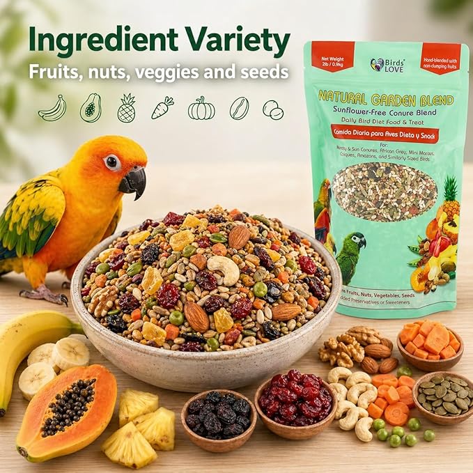 Birds LOVE Natural Garden Blend Conure Food, Sunflower Free Bird Seed Mix with Fruits, Nuts, Vegetables and Seeds, All Natural Daily Diet and Treat, 2 lb