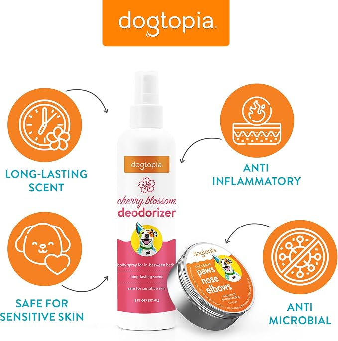 Dogtopia 3-in-1 Paw Balm & Deodorizer Spray - Between Baths Bundle for Pets | Moisturizing Balm for Cracked Skin (2oz) & Long-Lasting Cherry Blossom Odor Eliminator (8oz) for Dogs & Cats