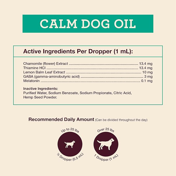 Hemp Well Calm Dog Oil, Calming Support for Dogs with Chamomile, Melatonin & Lemon Balm, Organic Hemp Seed Oil, Stress Support for Travel, Thunderstorms & Separation, 2 oz