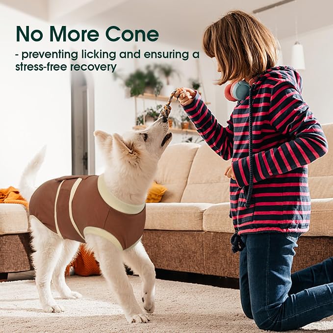 Kuoser Dog Recovery Suit, Soft & Breathable Fabric, Anti Licking, Cone Alternative, Brown, Large (Back: 16.1" - 20.1"; Weight: 23 - 48LB)