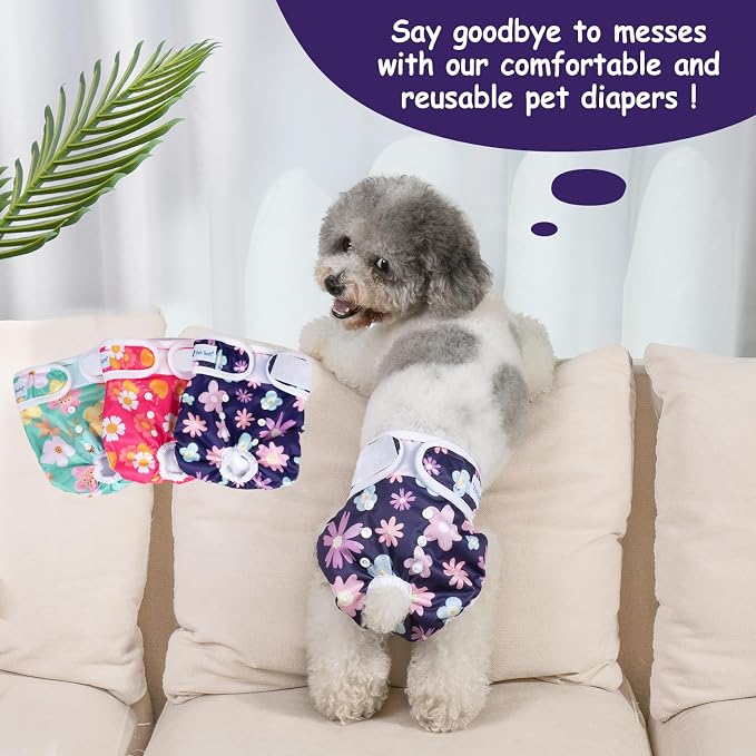 Pet Soft Washable Female Diapers (3 Pack) Female Dog Diapers, Comfort Reusable Doggy Diapers for Girl Dog in Period Heat (Bloom, XS)