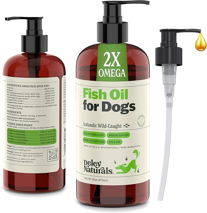 Deley Naturals Fish Oil for Dogs - Itch Relief for Dogs with Omega 3 6 9 for Skin, Joints, Heart and Brain Health - Icelandic Omega 3 Fish Oil for Dogs Skin Irritation - 16oz Omega Oil Made in USA