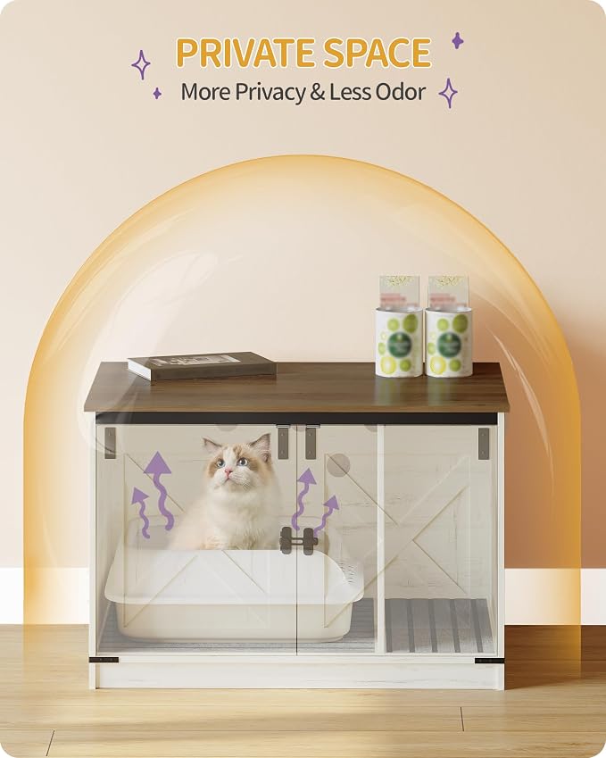 Hzuaneri Cat Litter Box Enclosure with Cushion, Hidden Litter Box Furniture with Removable Dividers, Reversible Entrance Left or Right Side, Cat House, Rustic White and Brown CB84614X