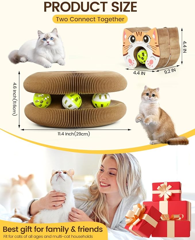 Upgraded-Magnetic Magic Organ Cardboard Cat Scratching Toy for Indoor Cats Flip with Fun, (Gray-1PCS & Orange-2PCS), 3PCS