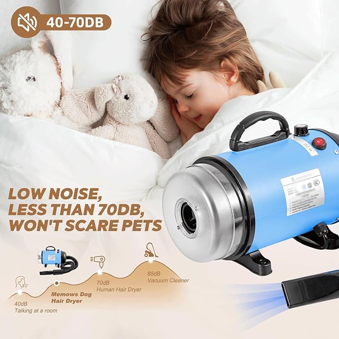 Upgraded 2-in-1 Pet Hair Dryer and Vacuum, High Velocity Dog Grooming Tool with Switchable Hose, Adjustable Temp & Speed, Low Noise, 4 Nozzles (Blue)