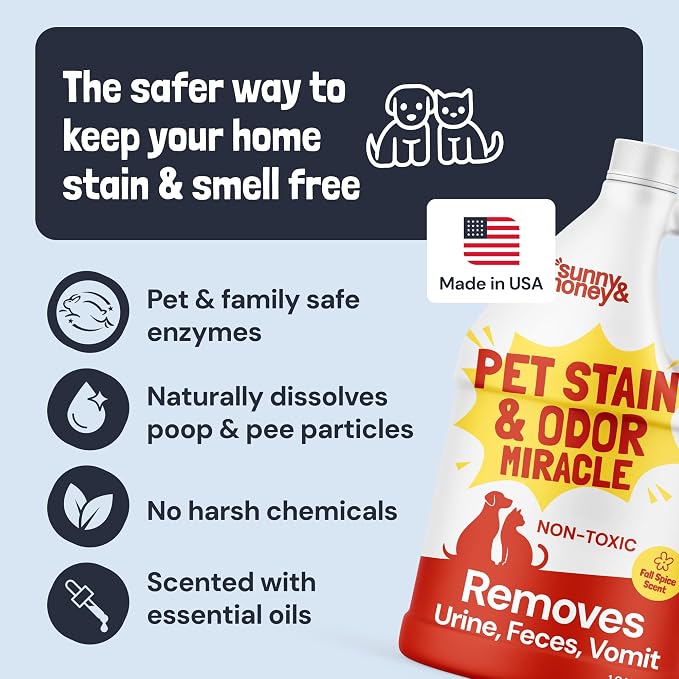 Sunny & Honey Pet Stain and Odor Remover - Enzyme Cleaner for Dog Urine and Poop on Carpets and Furniture - Strong Pet Carpet Cleaner Spray (1 Gallon Fall Spice)