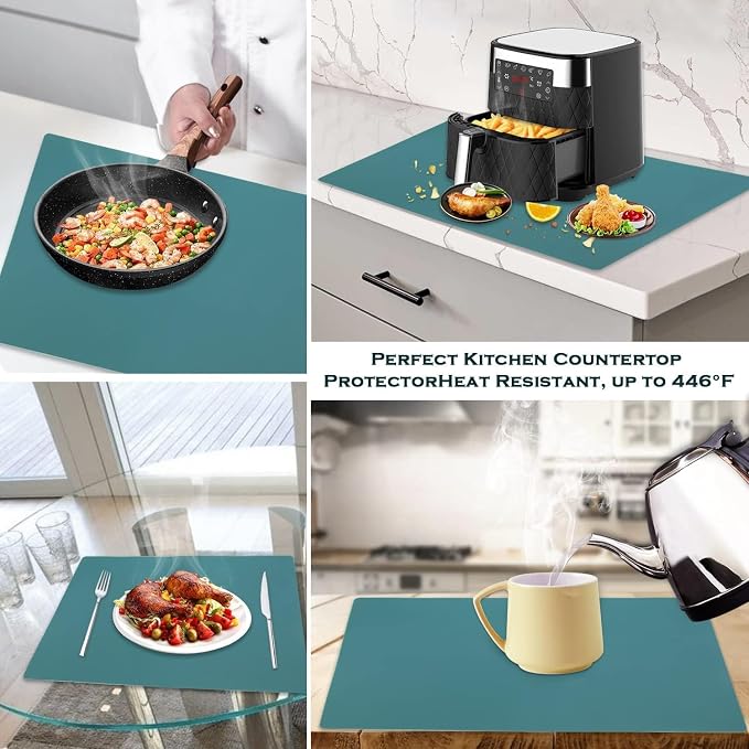 Extra Large Silicone Countertop Mat, Silicone Table Mat Kitchen Counter Protector Nonslip Heat Resistant Desk Mat for Crafts Kids Dinner Placemat Pastry Dough Rolling Mat, Dark Green