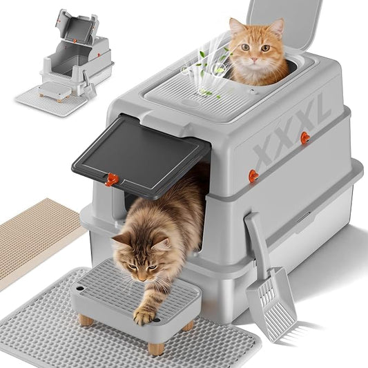 XXXL Stainless Steel Cat Litter Box with Lid, 27.5"×20.1"×17.3" Jumbo Enclosed Litterbox,Dual-Entry (Front Entry & Top Exit),High-Sided,Non-Stick,Odor Control,for Big Cats, with Mat,Scoop & Step,Grey