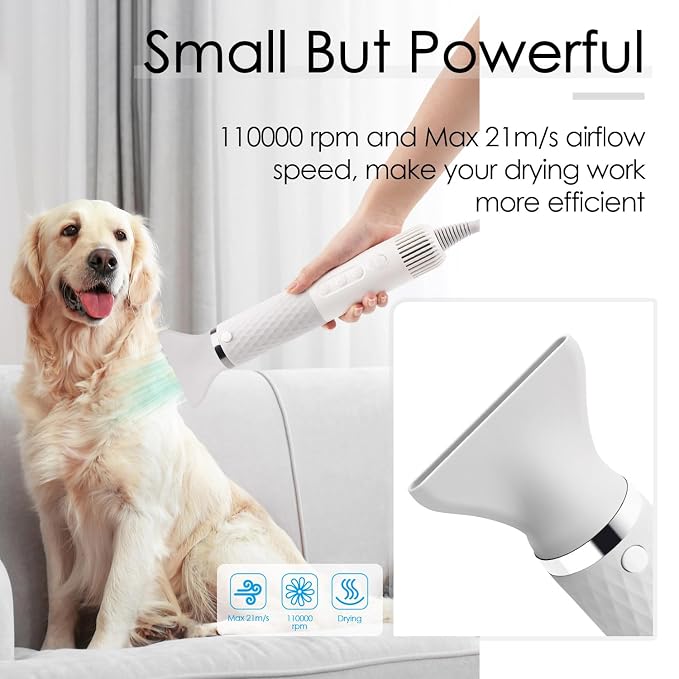 ThinkPet Dog Hair Dryer for Pet Grooming High Velocity Force Blower, Lightweight Portable Dog Dryer for Small Medium Large Dogs Grooming Hair Dryer - 4 Levels Temperature 3 Blow Speed 4 Nozzle White