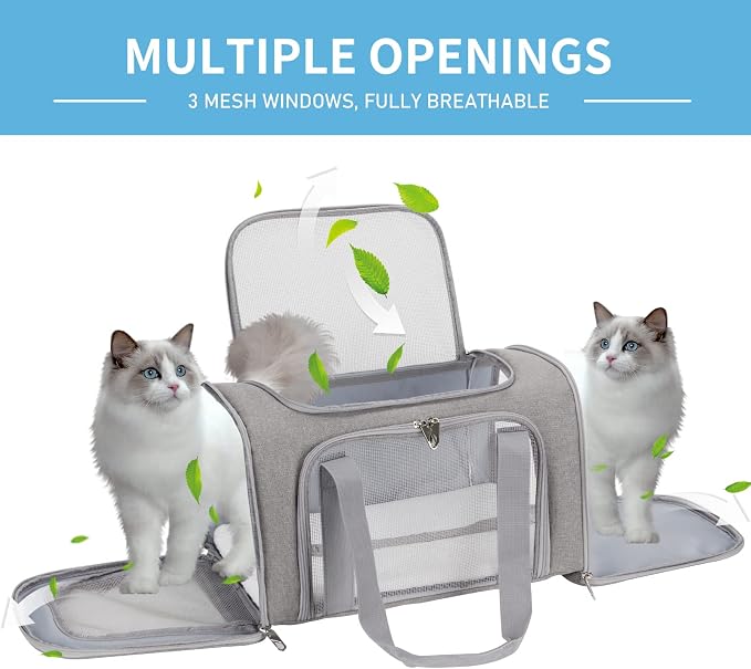 Pnimaund Large Pet Carrier, Soft Sided Cat Carriers for Large Cats Under 20 lbs, Soft Dog Carriers for Medium Dogs Small Dogs, Collapsible Cat Carrier for 2 Cats Travel Carrier - Grey