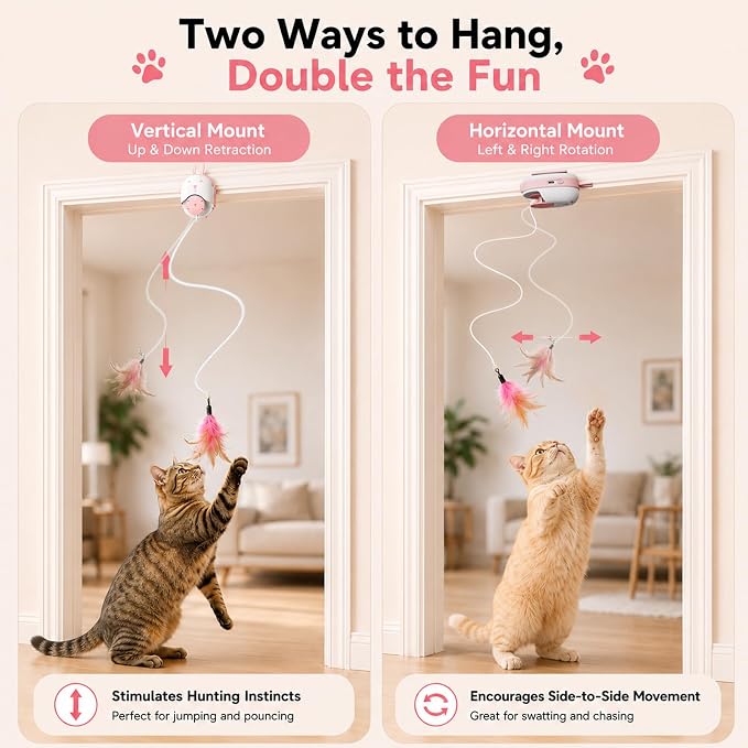 Interactive Cat Toys for Indoor Cats,Automatic Hanging Door Cat Teaser Toy with 6 accessories,2 Modes,Auto Pause & USB Rechargeable Electric Cat Chase Toy,Durable Safe for Bored Adult Kitten-Pink