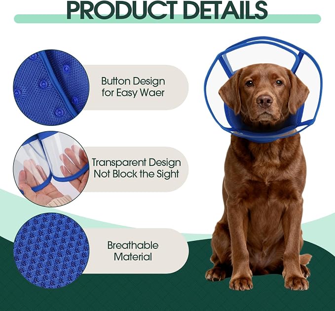 Kuoser Large Dog Cone Collar After Surgery, Soft Cone for Dogs to Stop Licking, Breathable Pet Recovery Collar Comfortable Elizabethan Collars, Adjustable Protective Dog Cones for Large Dogs, Blue XL