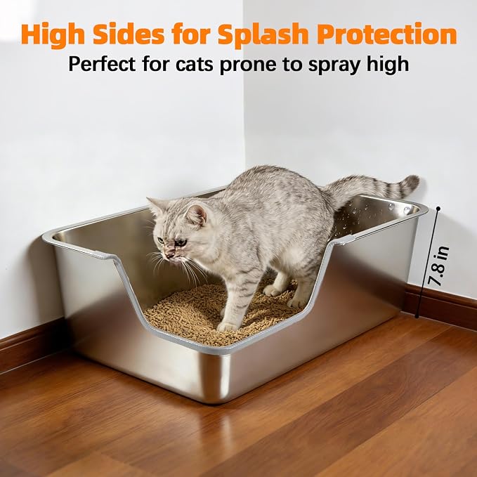 Stainless Steel Litter Box,Extra Large High Sided Litter Box for Indoor Big Cats,XL Jumbo Metal Cat Litter Boxes with Low Entry for Kittens & Senior Cats,Splash-Proof,Easy to Clean (Corner Entry)