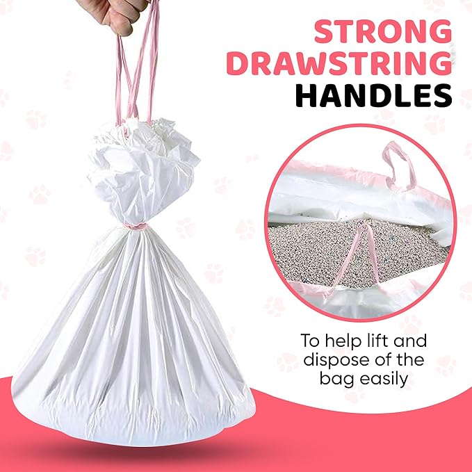 Cat Litter Box Liners 30 Count Drawstring Kitten Waste Bag | leak proof, heavy duty, scratch resistant, litter tray liner, kitty clean up, rabbit litter liner, extra large size