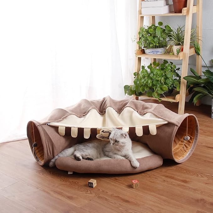 LEFTSTARER 2-in-1 Collapsible Cat Tunnel for Indoor Bed and Hideout - Pet Dog Rabbit Bunny Ferret Tunnel Tubes Toys with Removable Washable Mat, Tower Wheel Stuff