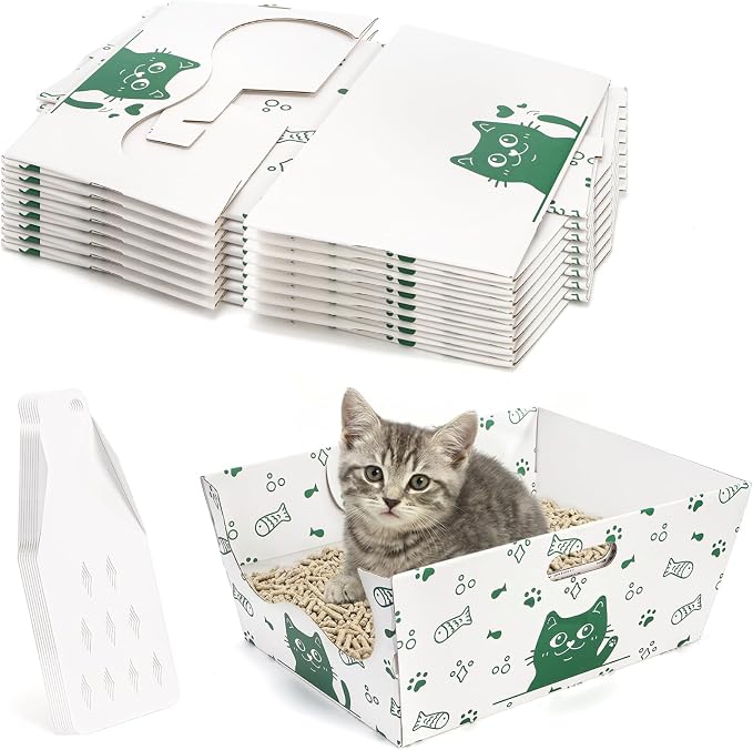 SOUJOY 8 Pack Disposable Cat Litter Box, Sturdy White Cardboard Litter Boxes with Scoop, Anti-Splashing Foldable Enclosed Travel Litter Tray for Cats Puppies Small Pets, 16" L x 12" W x 6.7" H