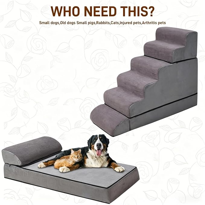 Dog Stairs for High Beds Up to 24-30"，Non-Slip 6 Steps Pet Stairs for Small Medium Dogs & Senior Cat，Washable Cover