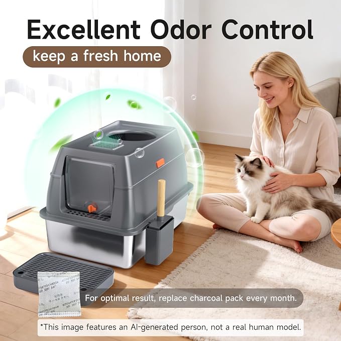 Extra Large Stainless Steel Litter Box with Lid, High Sided Enclosed Metal Cat Litter Pan, Dog Proof Front Entry Top Exit, Odor Control Easy Clean Leak Proof, Includes Scoop & Step, Grey