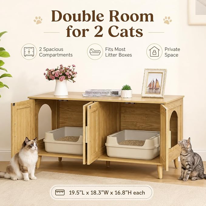 Homhedy Boho Cat Litter Box Enclosure for 2 Cats, Wooden Cat Washroom Furniture with Double Rattan Decorated Doors, Pet House,47.2”L x 19.7”W x 21.7”H, Natural