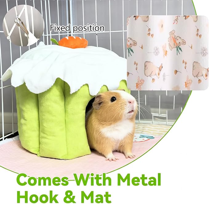 Guinea Pig Hideout, Warm Bunny House, Washable Winter Dwarf Rabbit Bed for Hamster, Chinchilla,Hedgehog, Ferret & Other Small Animals (Green-L)