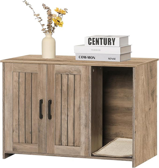 DWANTON Litter Box Enclosure, Cat Litter Box Furniture Hidden, with Scratching Mat, Wooden Cat Washroom Indoor, 31.5" L x 19.7" W x 21.7" H, Greige