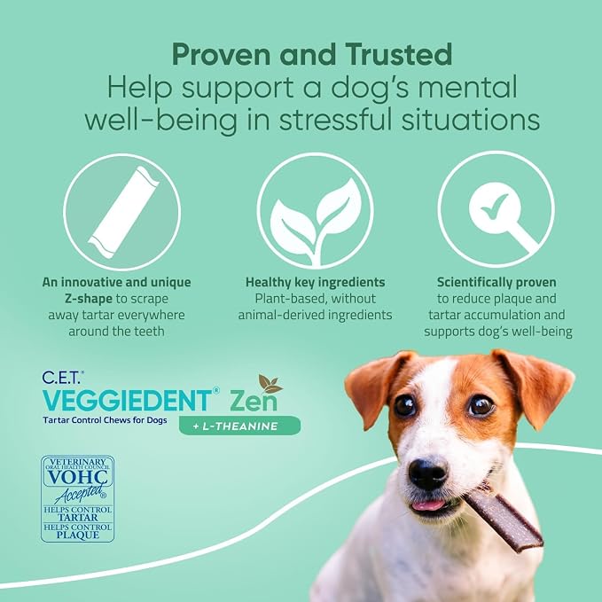 Virbac C.E.T.® VEGGIEDENT® Zen Tartar Control Chews for Dogs - Multifunctional to Support Mental Well-Being, VOHC Approved - Medium 22-66lbs