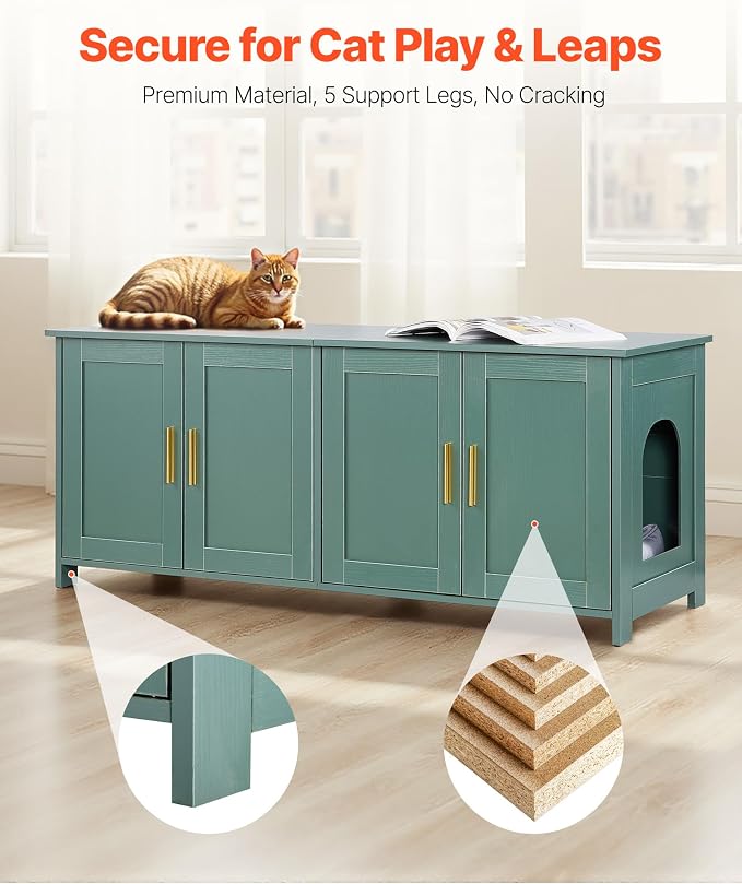 VEVOR Cat Litter Box Enclosure for Multi Cats, 47.2 in Hidden Litter Box Cabinet with 4 Doors & 2 Entries, Indoor Cat Washroom, Wooden Kitty House Furniture Side Table, Fit Most Litterboxes, Green