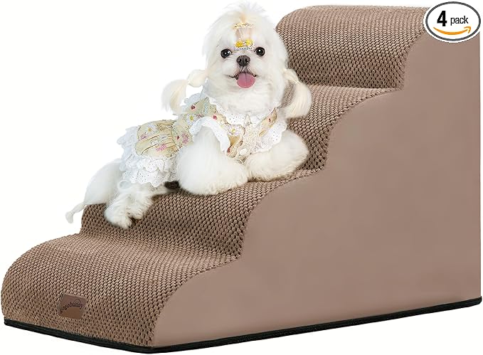 GoGoBunny Waterproof High Density Foam Curved Dog Stairs for High Beds Couches 19.7" H, 4-Step Ramp Dog Steps Friendly to Small Medium Dogs or Pets Joints, Non-Slip Balanced Durable Pet Step, Camel