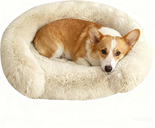 Calming Dog & Cat Beds with Orthopedic Egg-Crate Foam Raised Rim, Soft Fluffy Faux Fur Pet Bed for Small Medium Dogs, Anxiety Relief Spine Support, Machine Washable Cover (Round, Beige 23")