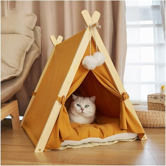 Solid Wood Cat Indoor Tent with Thick Mat,Portable Dog House Dog Teepee Tent,Cute Cat Teepee Cave Cat Bed,Dog Bed (Orange)