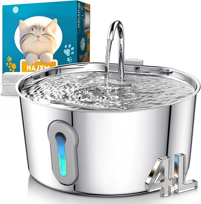 Stainless Steel Cat Water Fountain, 135oz/4L Automatic Pet Fountain Dog Water Dispenser with Ultra-Quiet Pump & 2 Replacement Filters & for Cats Inside, Dogs, Multiple Pets