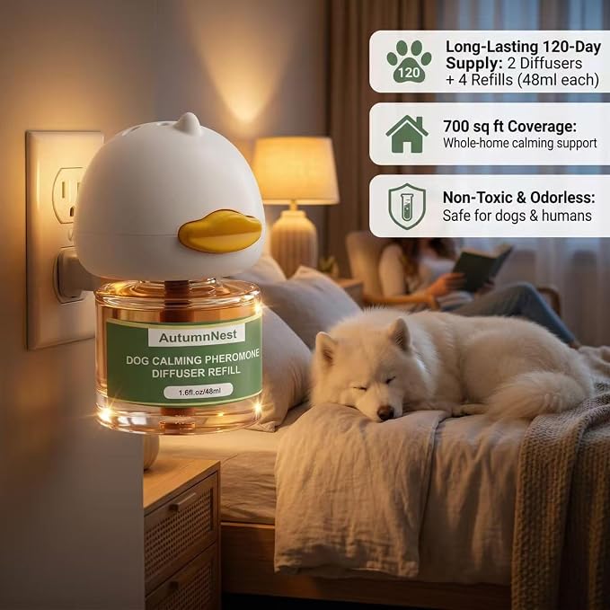 New Upgrade Dog Pheromone Calming Diffuser Kit, Calming Diffuser for Dog (2 Plug-Ins & 4 Refills) for Stress Support, Helps Reduce Barking & Aggression, 120-Day Supply (Non-Toxic, Safe & Inedible)
