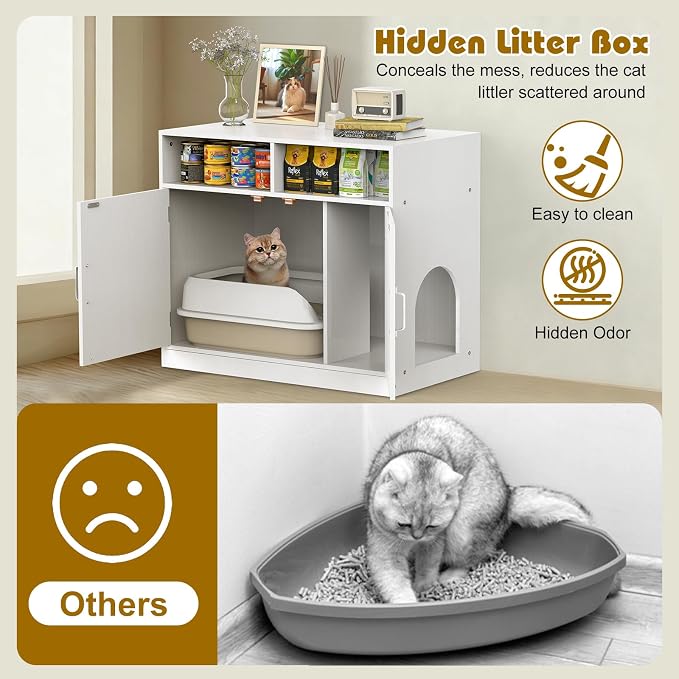 Hidden Cat Litter Cabinet,Ultra-Large Wooden Enclosed Litter Box Fumiture 2-Door Storage Cabinet 2 Open Drawers 1Air Vents Cat Litter Furniture Fit Most of Litter Box.(Whits, No Drawers)