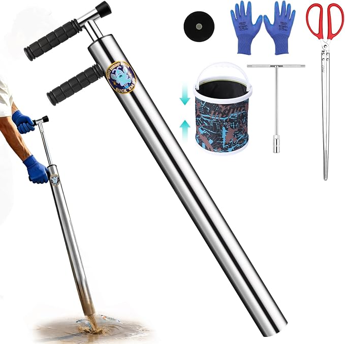 2026 6pcs V4 Upgrade Ghost Shrimp Pump Kit - 32in Stainless Steel Sand Vacuum for Fishing, F-Shape Grip Beach Extractor for Ghost Shrimp Bucket Kit with Gloves & Clamp