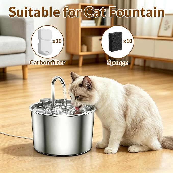 20 Pack Cat Water Fountain Filters Replacement - 10 Carbon Filters and 10 Foam Sponge Filters for Select Stainless Steel Cat Fountains S11