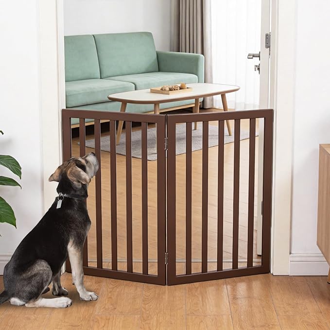 Dog Gate Indoor, Freestanding Dog Fence for The House, Doorways, Hallways,or Stairs,Pet Gate Foldable Wooden,Expandable 32" Height 2 Panels,Brown