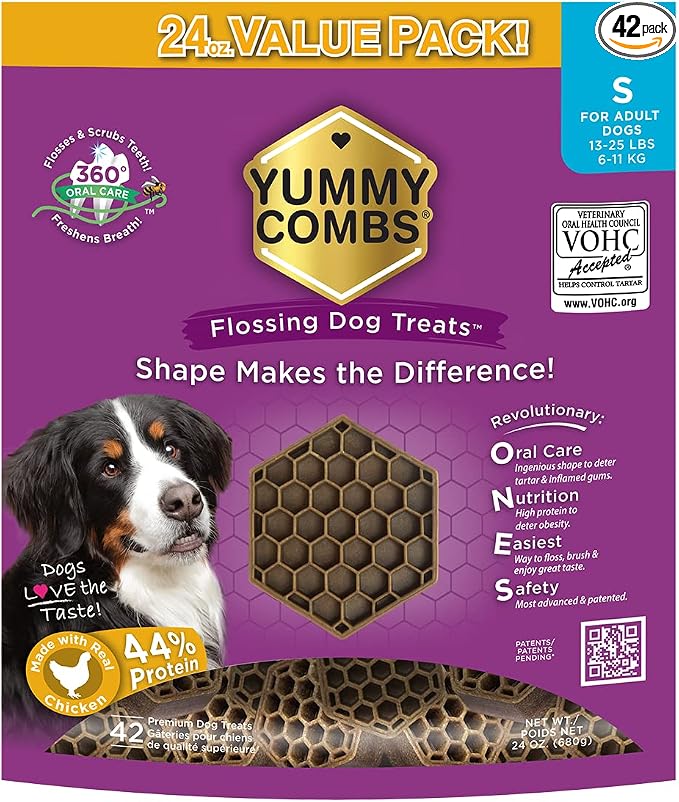 Yummy Combs Dog Dental Treats – Vet VOHC Approved – Delicious Chicken Protein – Removes Tartar with Cleaning Comb Shape – Dental Dog Treats for Small Dogs (24oz, 42 Count)