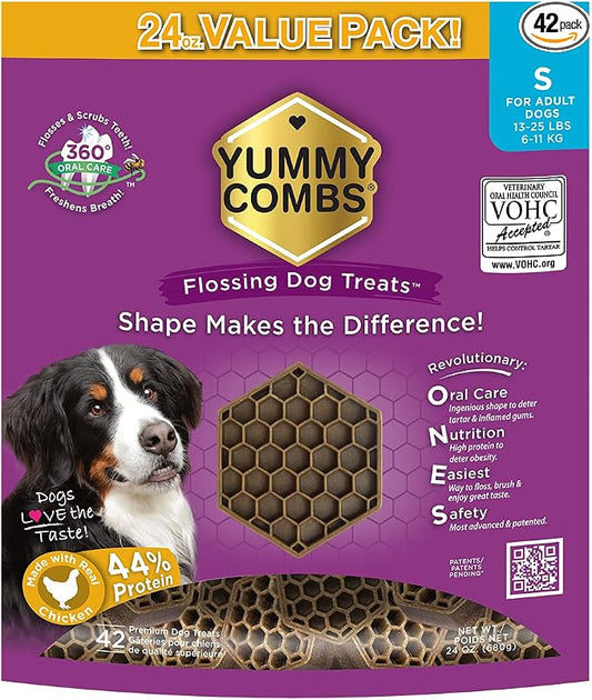 Yummy Combs Dog Dental Treats – Vet VOHC Approved – Delicious Chicken Protein – Removes Tartar with Cleaning Comb Shape – Dental Dog Treats for Small Dogs (24oz, 42 Count)