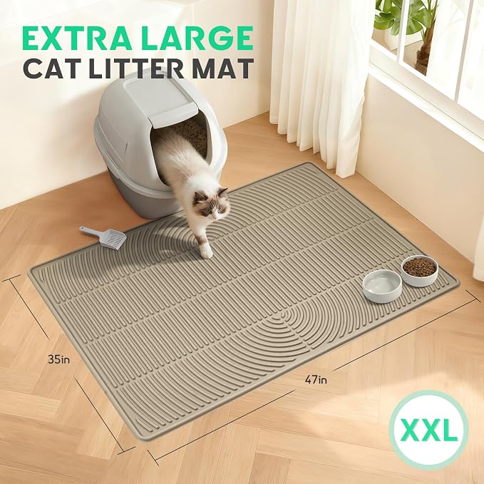 Pawtasy Cat Litter Box Mat,47" x 35" Extra Large Silicone Waterproof Litter Trapping Mat for Scatter Control Soft on Kitty Paws Non-Slip Easy to Clean