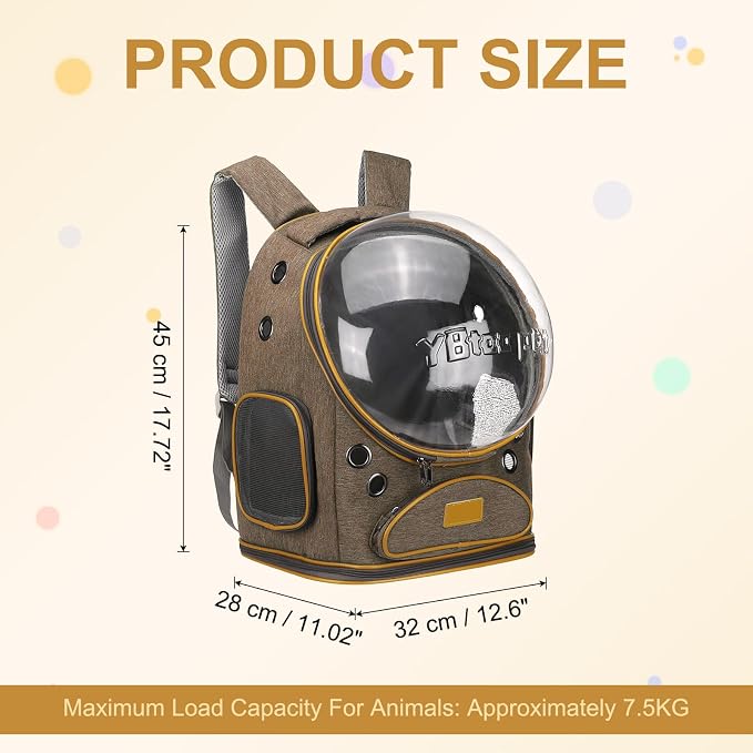 Pet Backpack Carrier, Portable and Ventilated, Oxford Cloth, Dog Cat Travel Bag with Transparent Cover 12.6", (Brown, 1 Pcs), Intended for Hiking/Camping/Traveling
