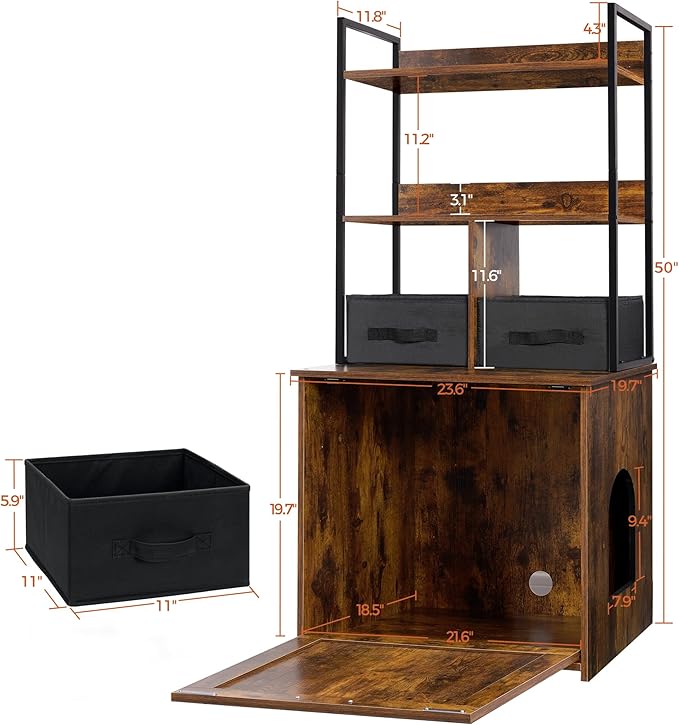 Dwanton Litter Box Enclosure with 2 Storage Shelves and 2 Drawers, 2-in-1 Hidden Cat Litter Box Enclosure Furniture with Shelf, Reversible Entrance, Washable Drawers, 50-Inch, Rustic Brown