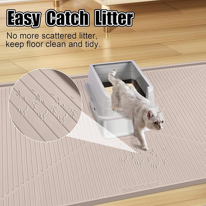 Silicone Cat Litter Mat, 45" x 30" Extra Large Litter Trapping Mat for Litter Box, Leak-Proof, Non-Slip, Kitty Litter Mats with Soft Texture for Floor, Keeping The Floor Clean (Khaki)